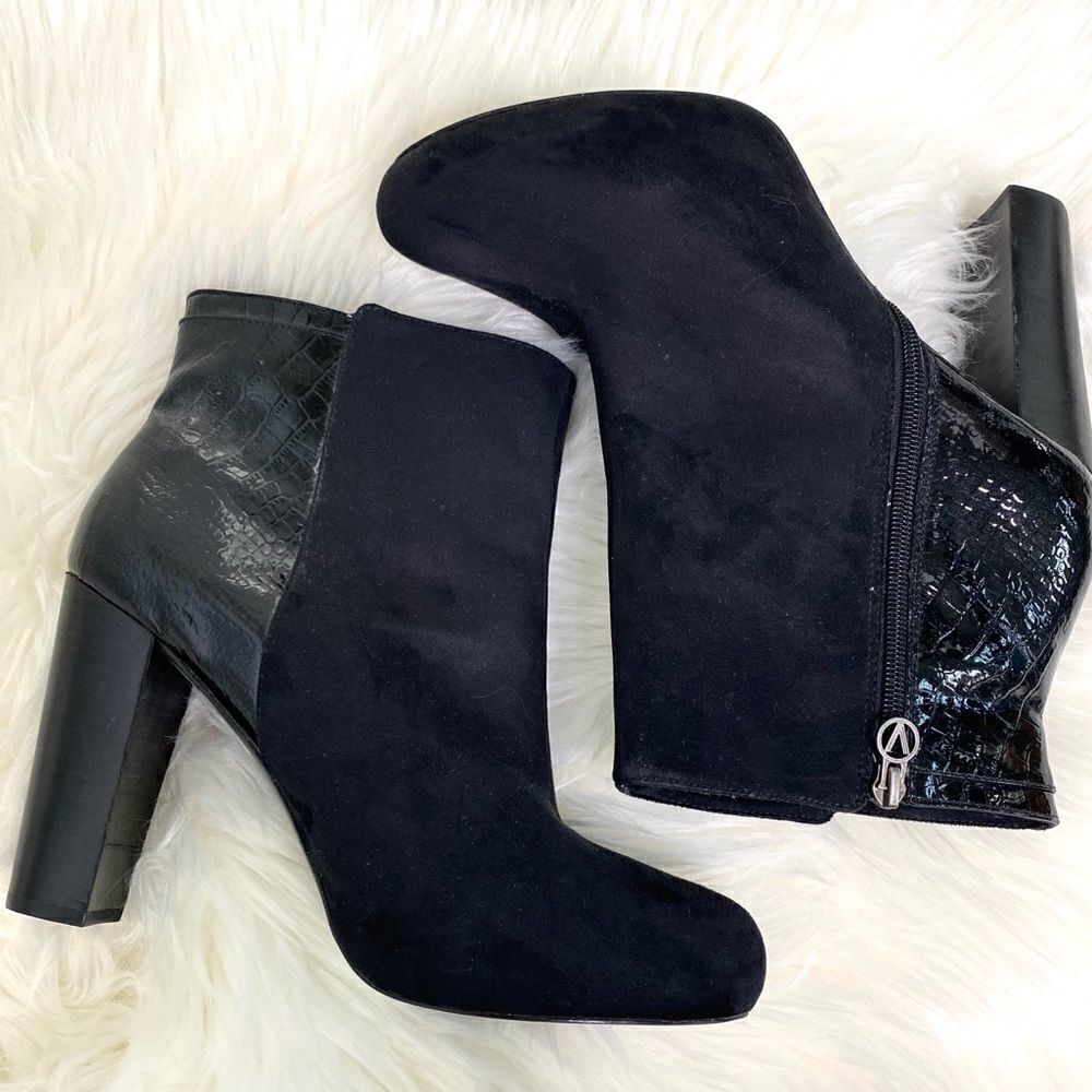 Victor Alfaro black suede croco embossed booties
